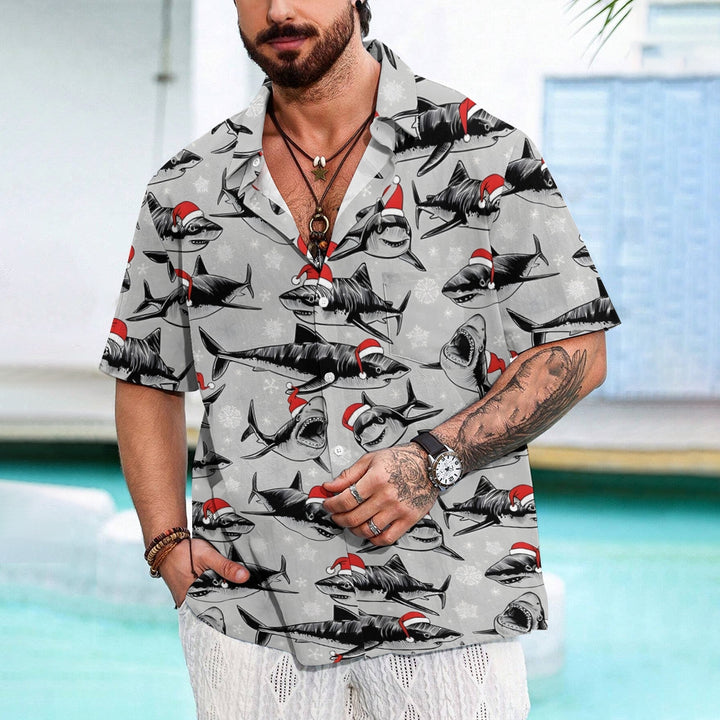 Christmas Sharks Chest Pocket Short Sleeve Shirt 2311000457