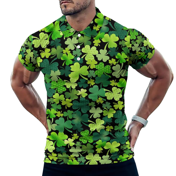 Men's Button-Down Short Sleeve St. Patrick's Day Shamrock Print Polo Shirt 2312000283