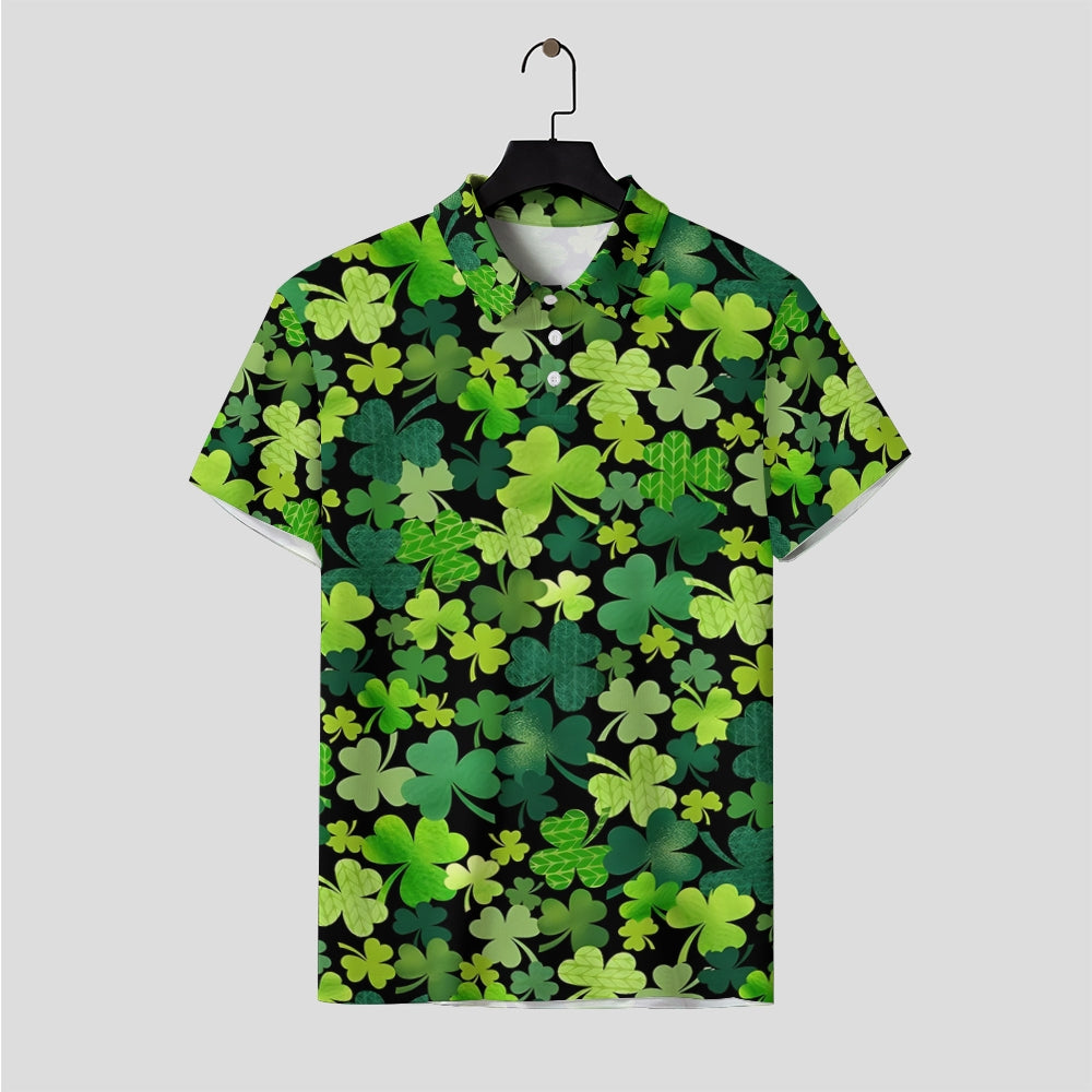 Men's Button-Down Short Sleeve St. Patrick's Day Shamrock Print Polo Shirt 2312000283