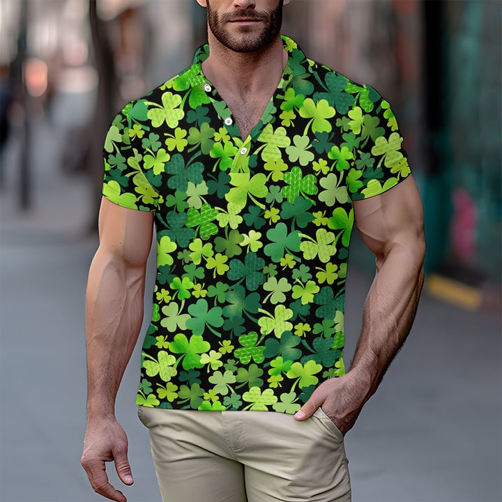 Men's Button-Down Short Sleeve St. Patrick's Day Shamrock Print Polo Shirt 2312000283