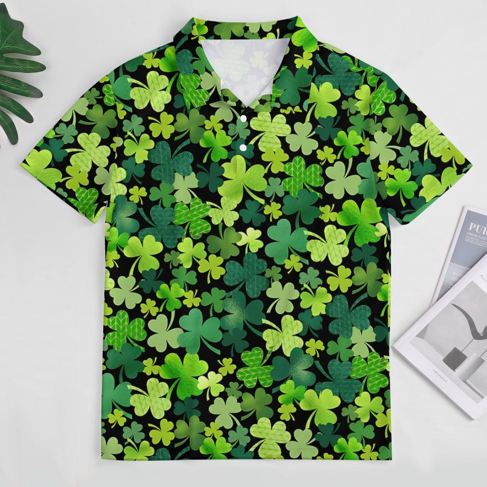 Men's Button-Down Short Sleeve St. Patrick's Day Shamrock Print Polo Shirt 2312000283