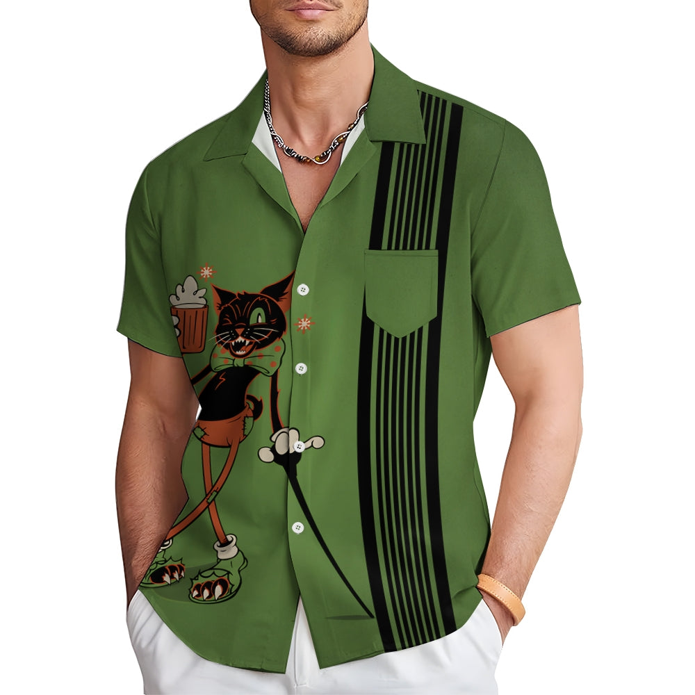 Men's Halloween Black Cat And Beer Printed Shirt 2409008969