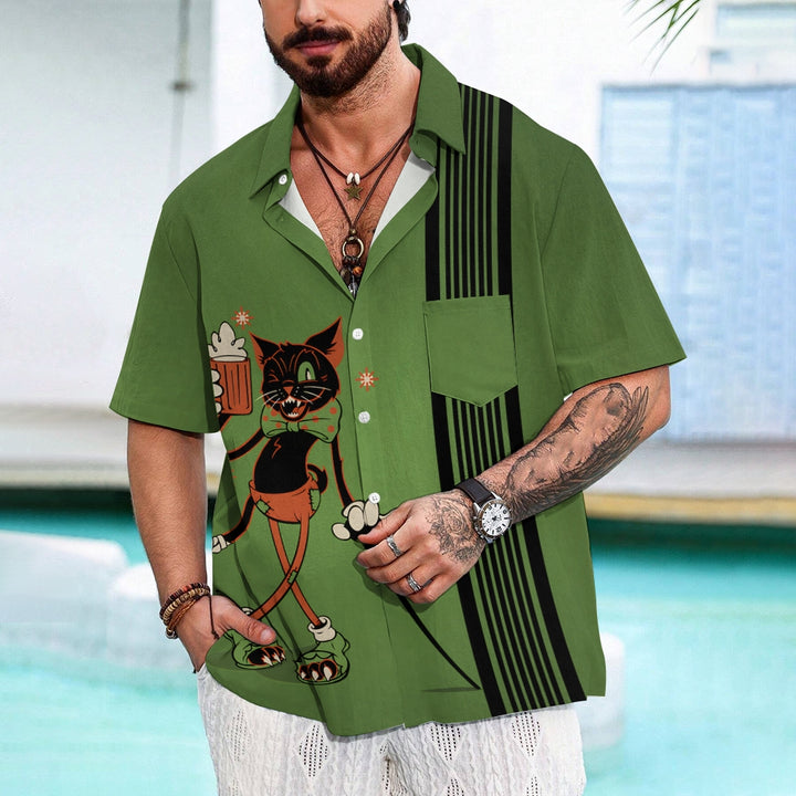 Men's Halloween Black Cat And Beer Printed Shirt 2409008969