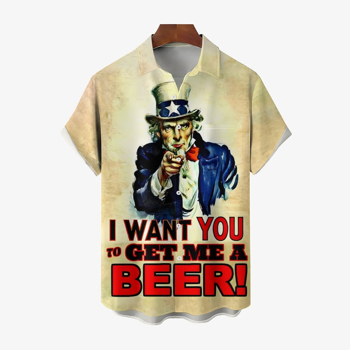 Gimme a Beer Uncle Sam Fun Printed Casual Short Sleeve Shirt 2409009422