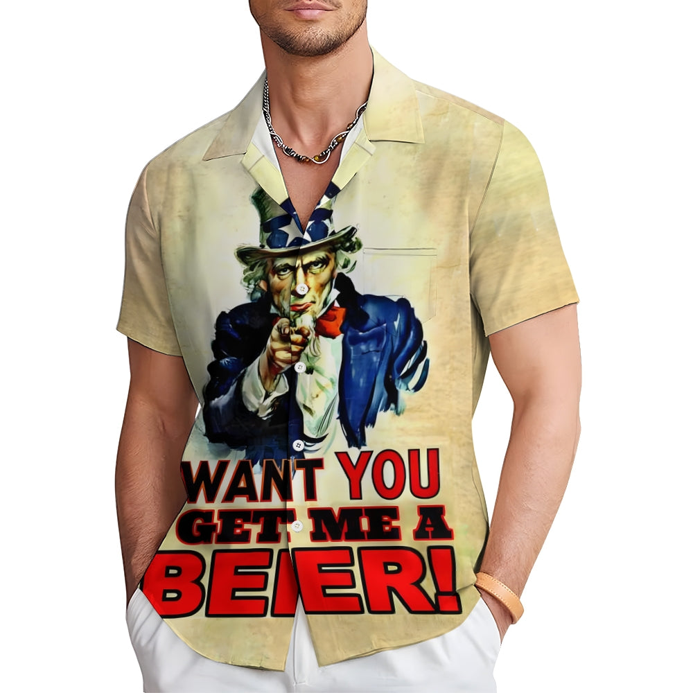 Gimme a Beer Uncle Sam Fun Printed Casual Short Sleeve Shirt 2409009422