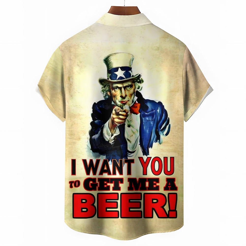 Gimme a Beer Uncle Sam Fun Printed Casual Short Sleeve Shirt 2409009422