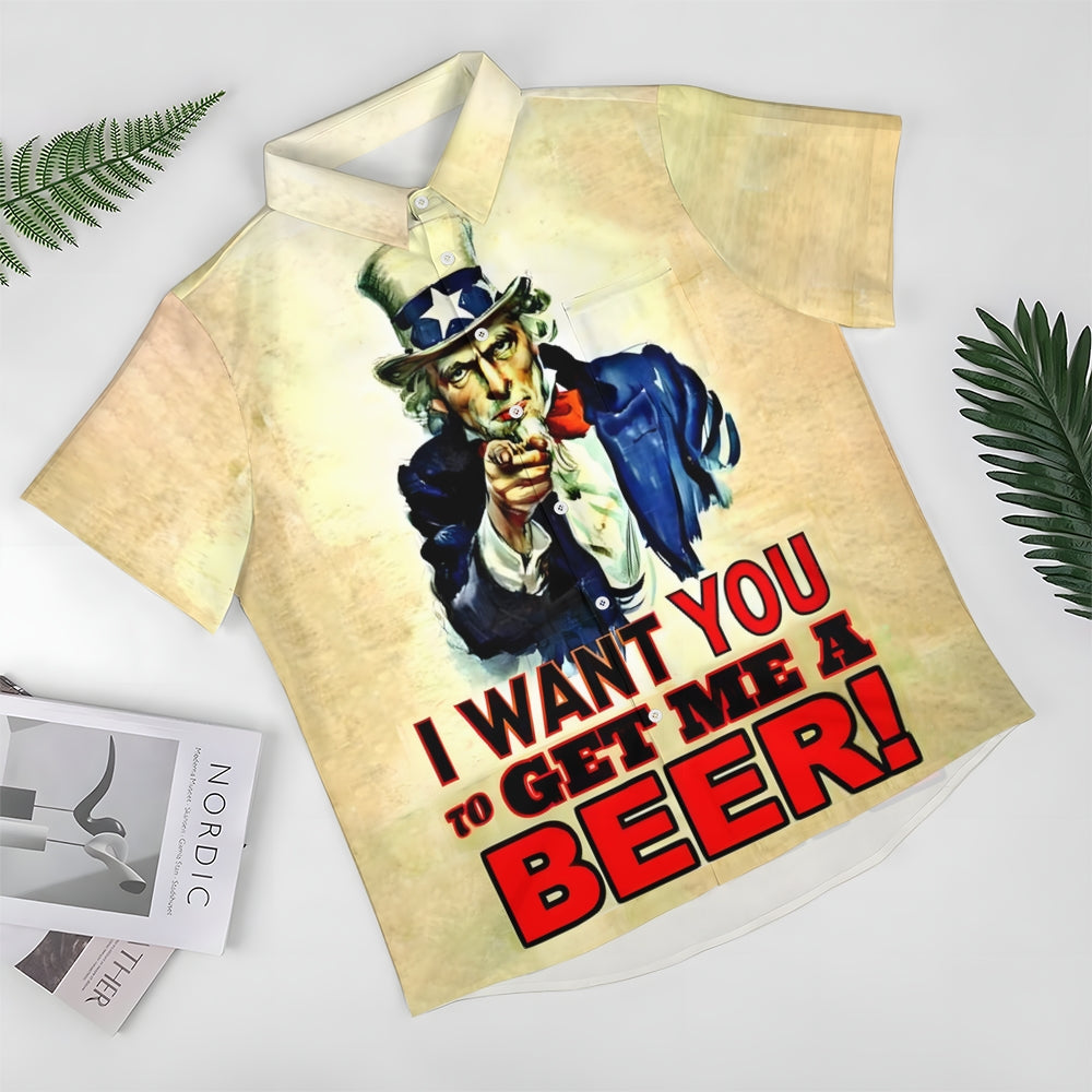 Gimme a Beer Uncle Sam Fun Printed Casual Short Sleeve Shirt 2409009422