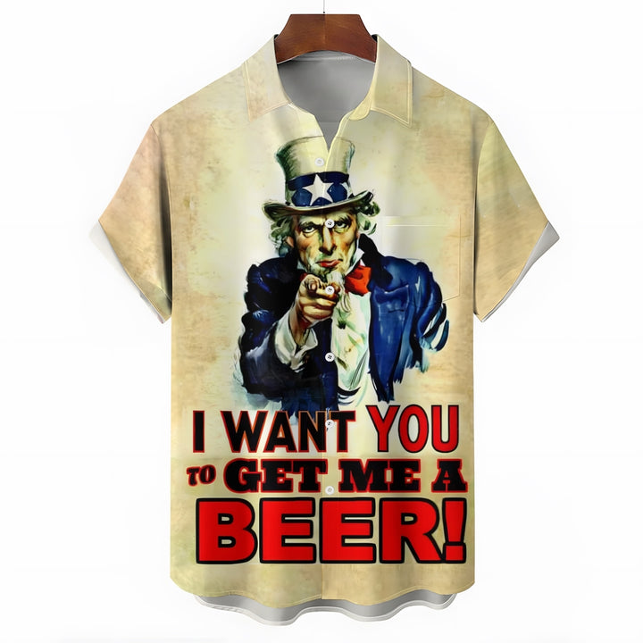 Gimme a Beer Uncle Sam Fun Printed Casual Short Sleeve Shirt 2409009422