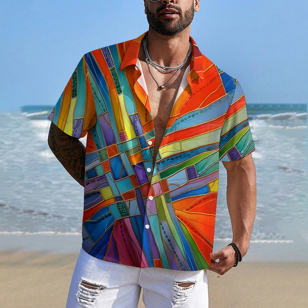 Men's Abstract Art Print Hawaiian Casual Short Sleeve Shirt