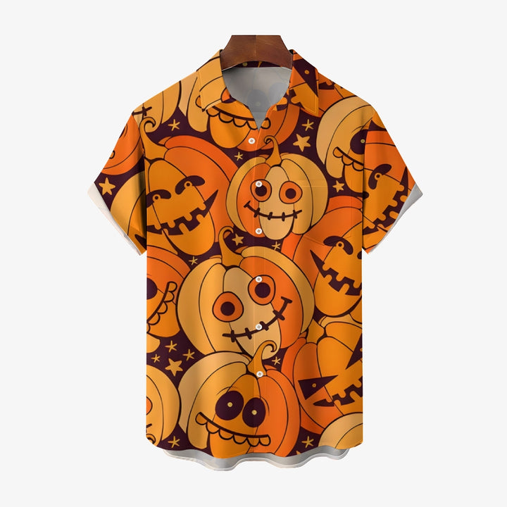 Men's Halloween Pumpkin Print Casual Fashion Short Sleeve Shirt 2307101457