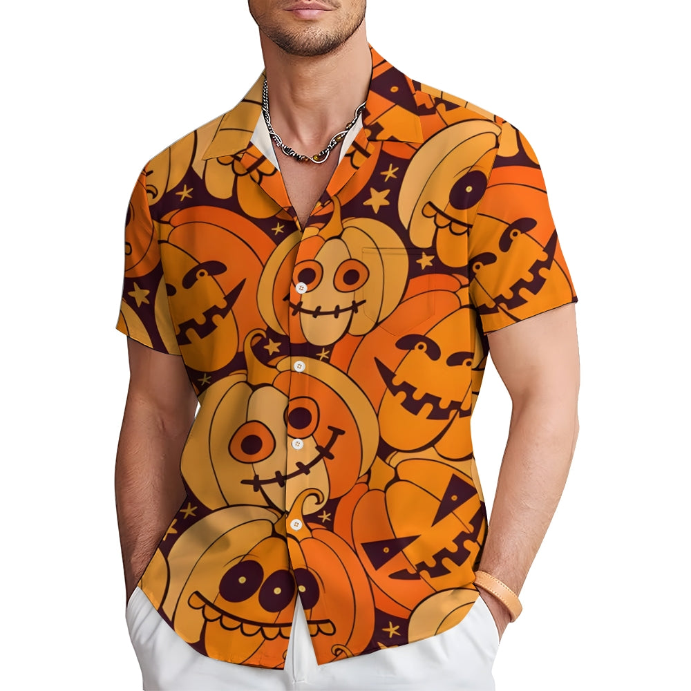 Men's Halloween Pumpkin Print Casual Fashion Short Sleeve Shirt 2307101457