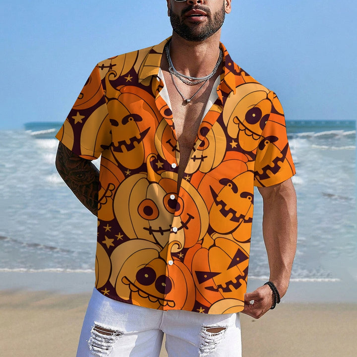 Men's Halloween Pumpkin Print Casual Fashion Short Sleeve Shirt 2307101457