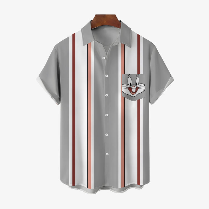 Retro Gray And White Stripes And Cartoon Bunny Breast Pocket Short Sleeve Shirt 2409010658