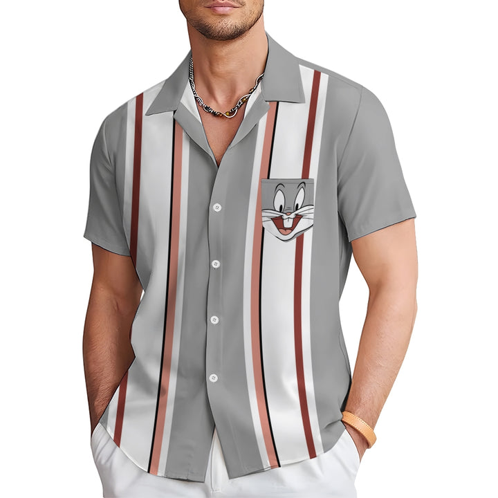 Retro Gray And White Stripes And Cartoon Bunny Breast Pocket Short Sleeve Shirt 2409010658