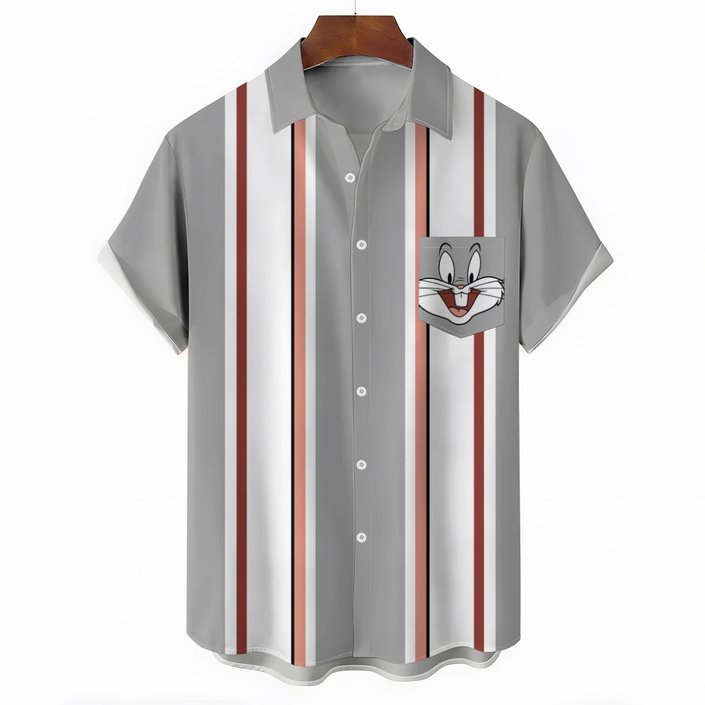 Retro Gray And White Stripes And Cartoon Bunny Breast Pocket Short Sleeve Shirt 2409010658