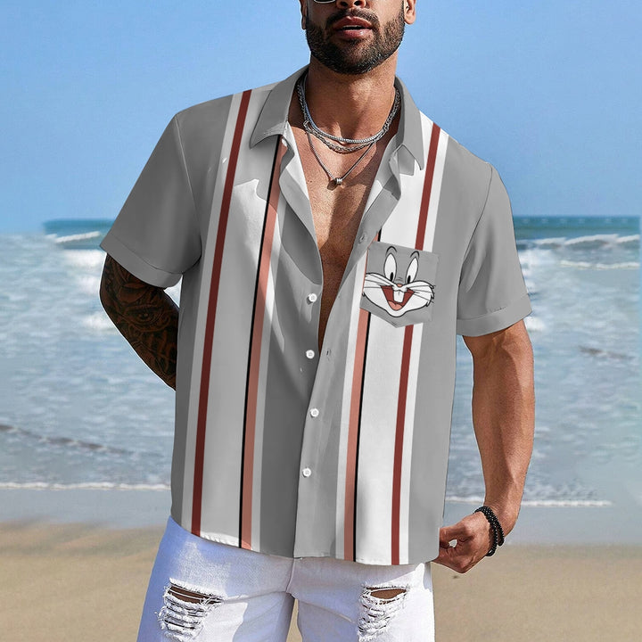 Retro Gray And White Stripes And Cartoon Bunny Breast Pocket Short Sleeve Shirt 2409010658