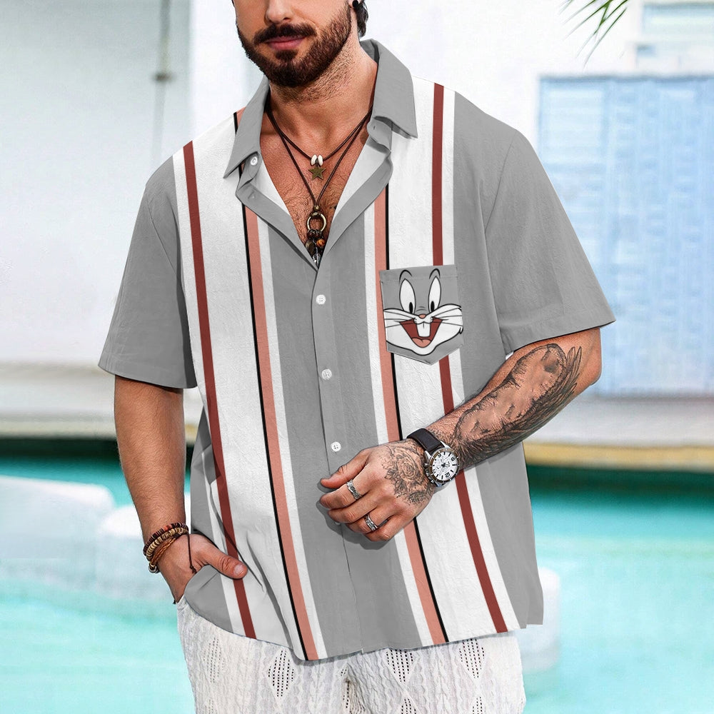 Retro Gray And White Stripes And Cartoon Bunny Breast Pocket Short Sleeve Shirt 2409010658