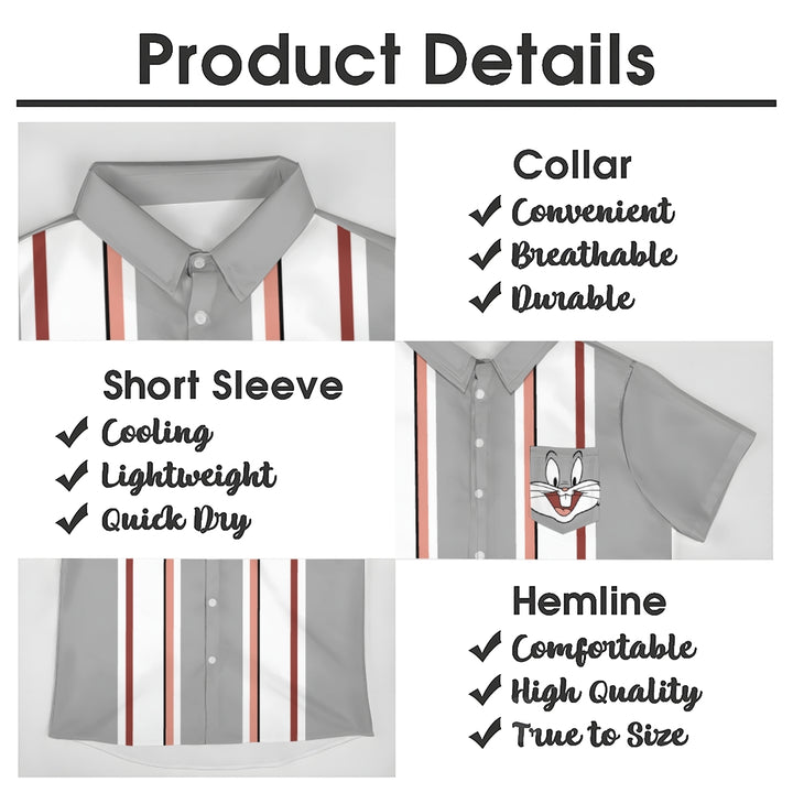 Retro Gray And White Stripes And Cartoon Bunny Breast Pocket Short Sleeve Shirt 2409010658