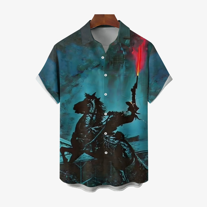 Men's Retro Denim Print Casual Short Sleeve Shirt 2402000360