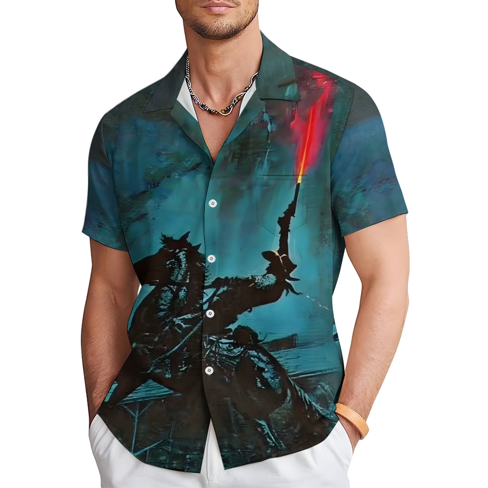 Men's Retro Denim Print Casual Short Sleeve Shirt 2402000360