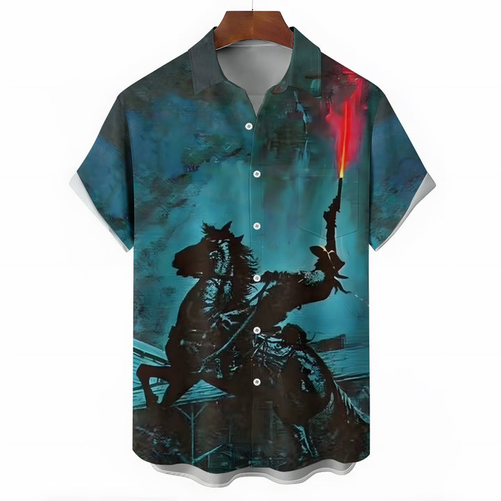 Men's Retro Denim Print Casual Short Sleeve Shirt 2402000360