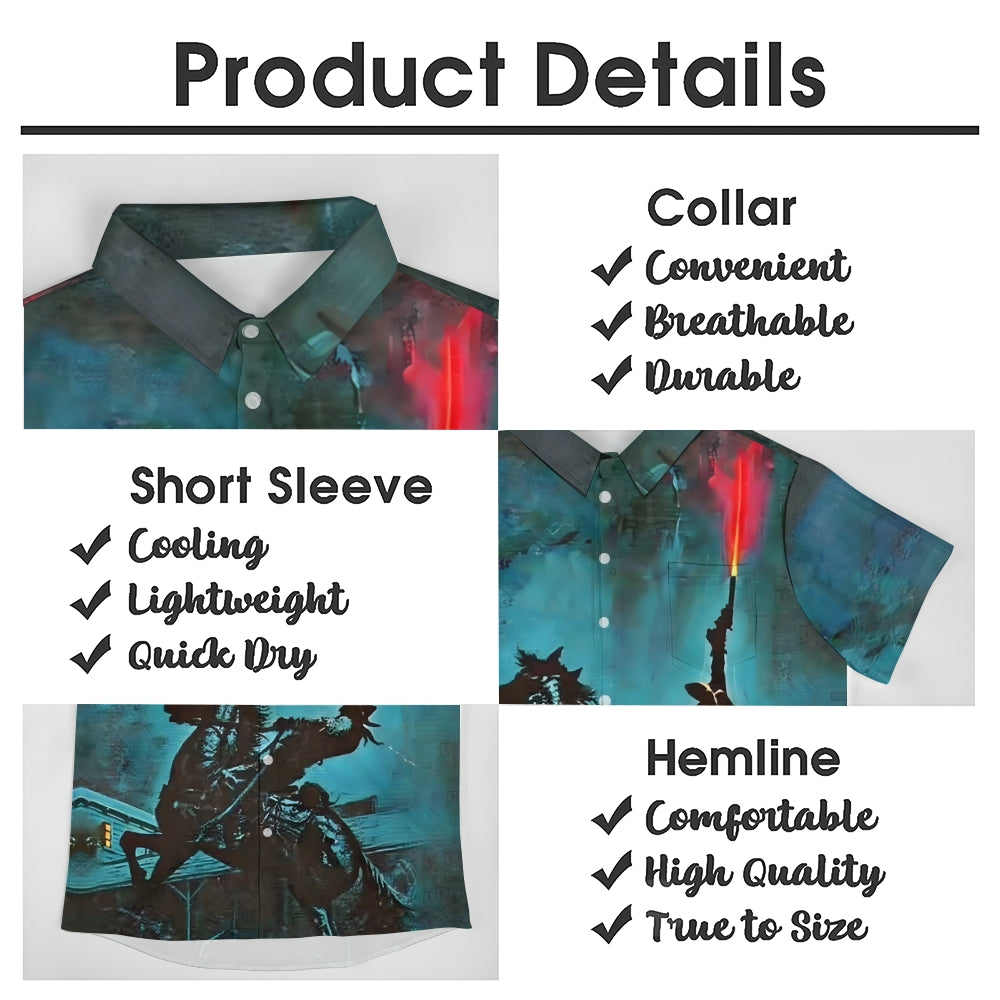 Men's Retro Denim Print Casual Short Sleeve Shirt 2402000360