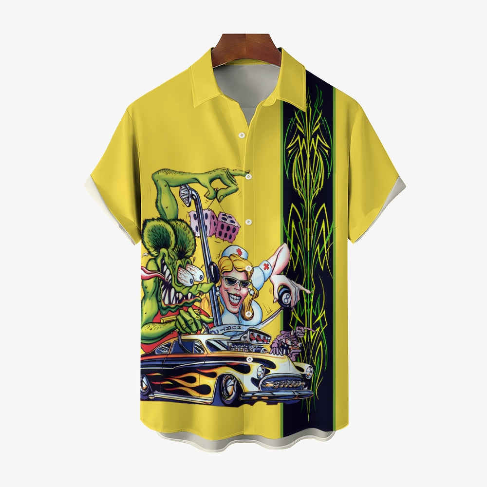 Men's Car Modification TiKi Geometric Stripe Cartoon Print Large Short Sleeve Shirt 2409011217