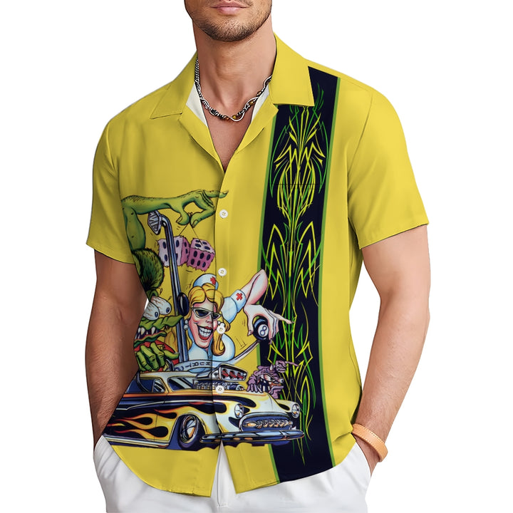 Men's Car Modification TiKi Geometric Stripe Cartoon Print Large Short Sleeve Shirt 2409011217