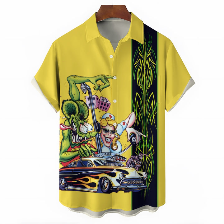 Men's Car Modification TiKi Geometric Stripe Cartoon Print Large Short Sleeve Shirt 2409011217