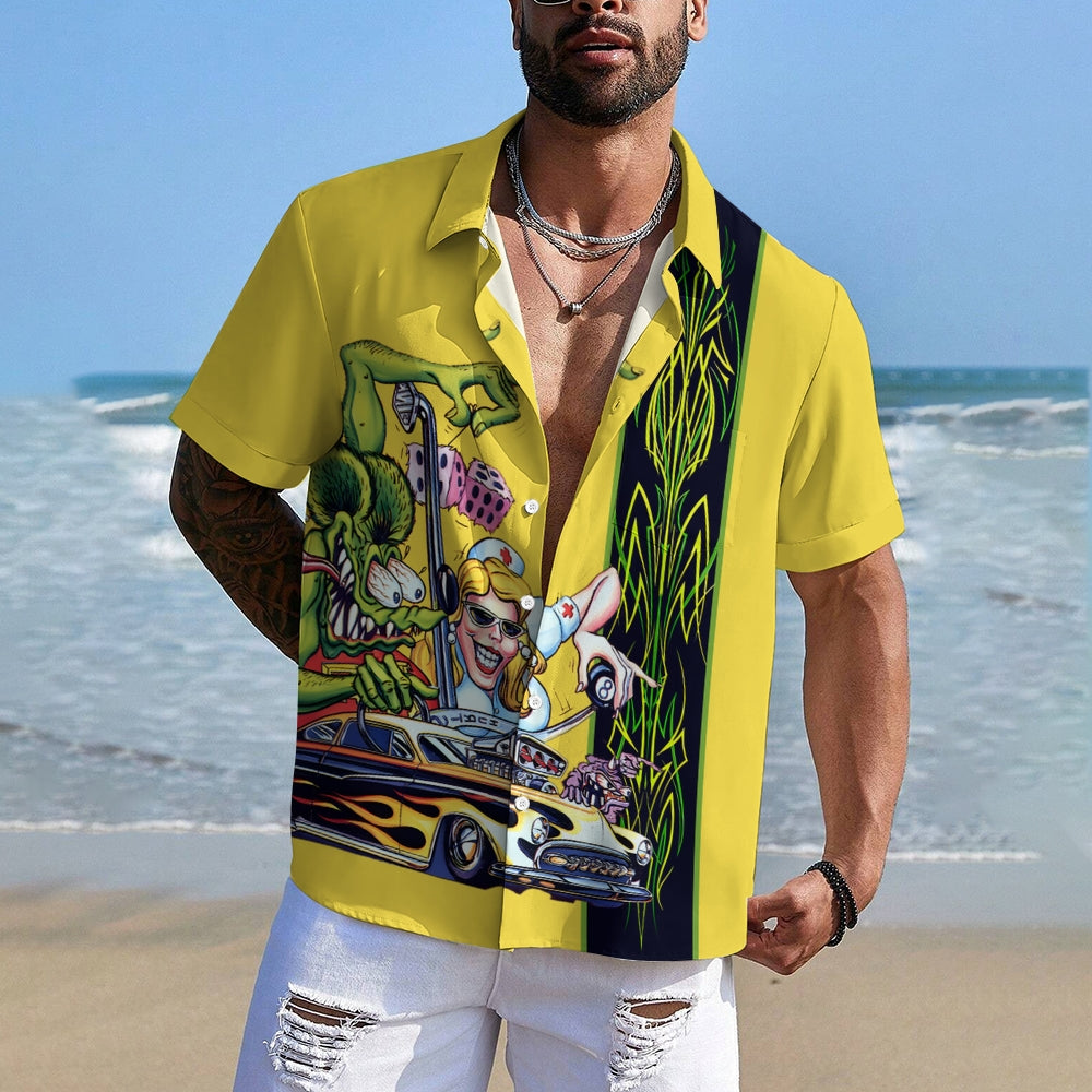 Men's Car Modification TiKi Geometric Stripe Cartoon Print Large Short Sleeve Shirt 2409011217