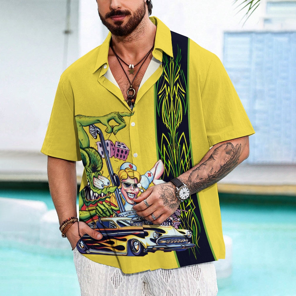 Men's Car Modification TiKi Geometric Stripe Cartoon Print Large Short Sleeve Shirt 2409011217