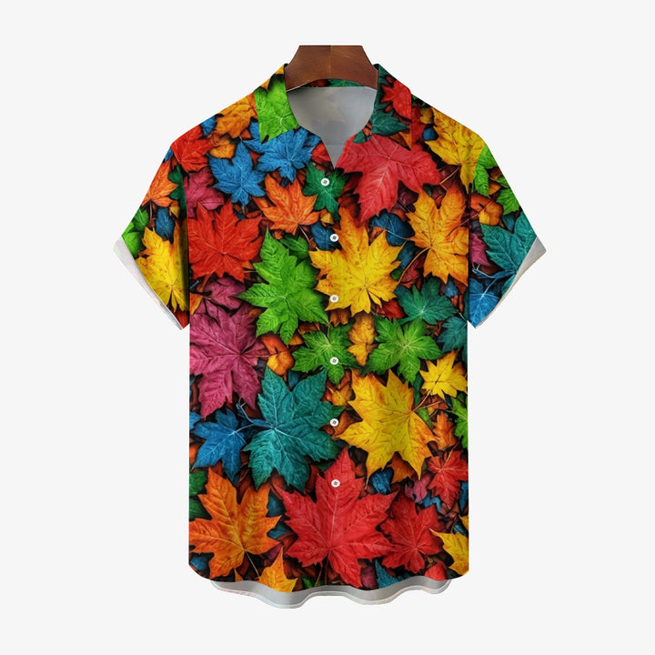 Men's Thanksgiving Maple Leaf 3D Digital Print Short Sleeve Shirt 2409011255