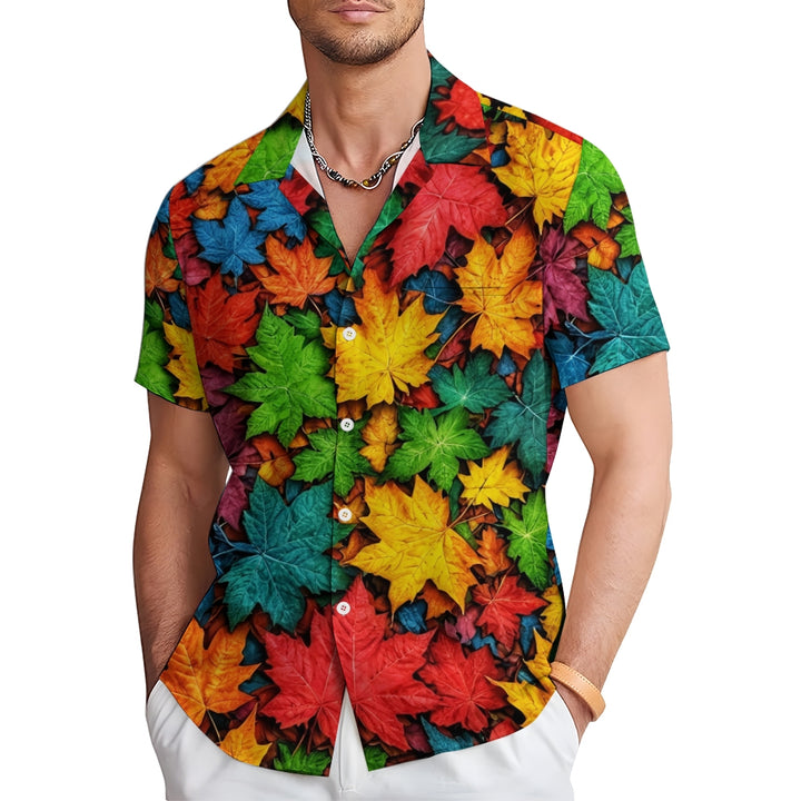 Men's Thanksgiving Maple Leaf 3D Digital Print Short Sleeve Shirt 2409011255