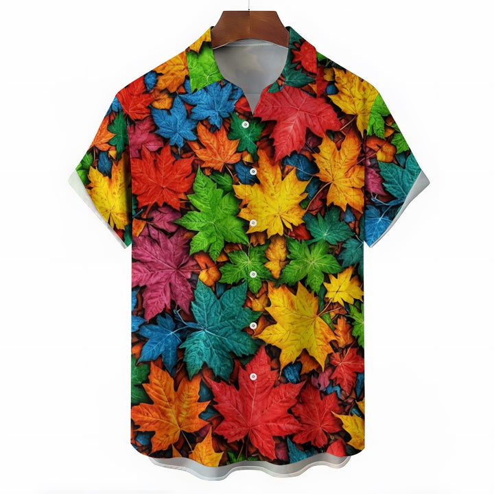 Men's Thanksgiving Maple Leaf 3D Digital Print Short Sleeve Shirt