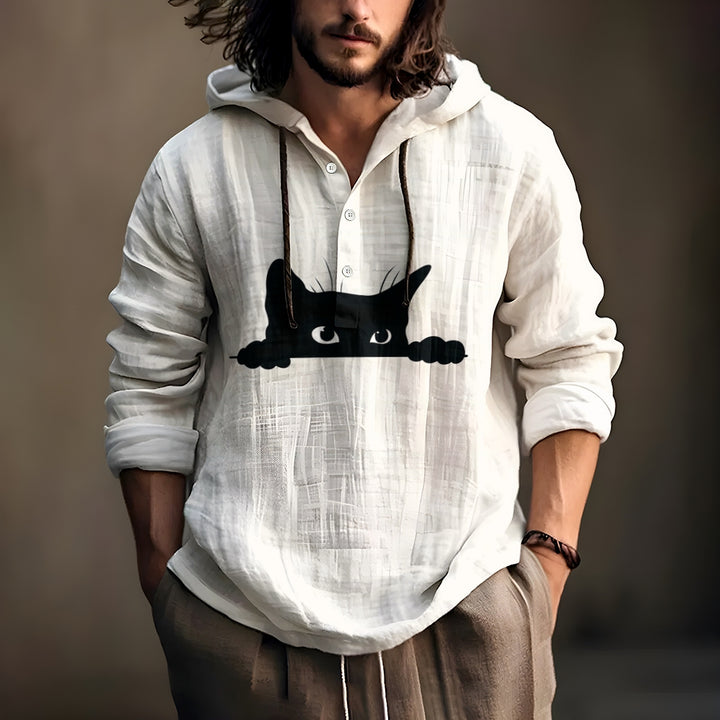 Men's Casual Black Cat Print Cotton Blend Hoodie 2409011317