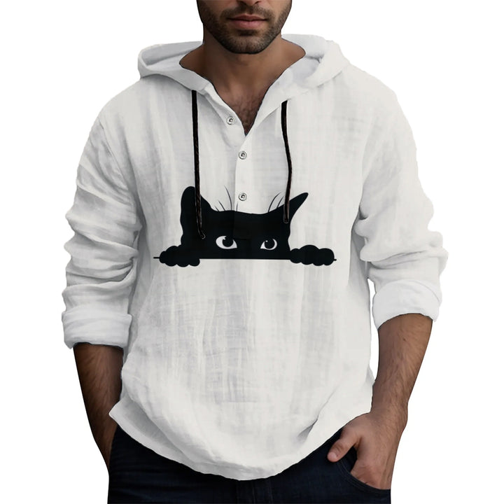 Men's Casual Black Cat Print Cotton Blend Hoodie 2409011317