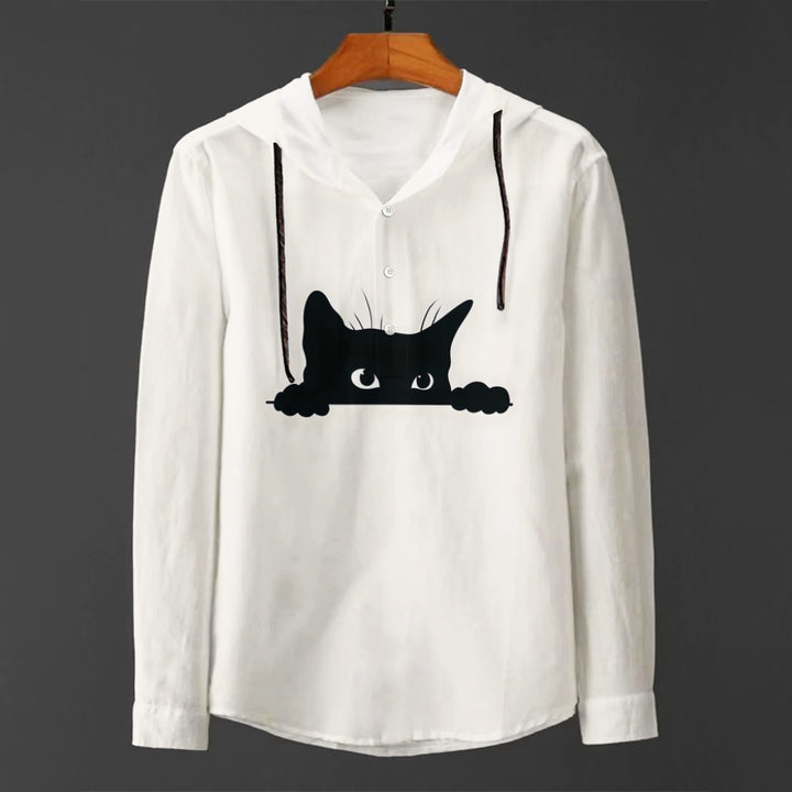 Men's Casual Black Cat Print Cotton Blend Hoodie 2409011317