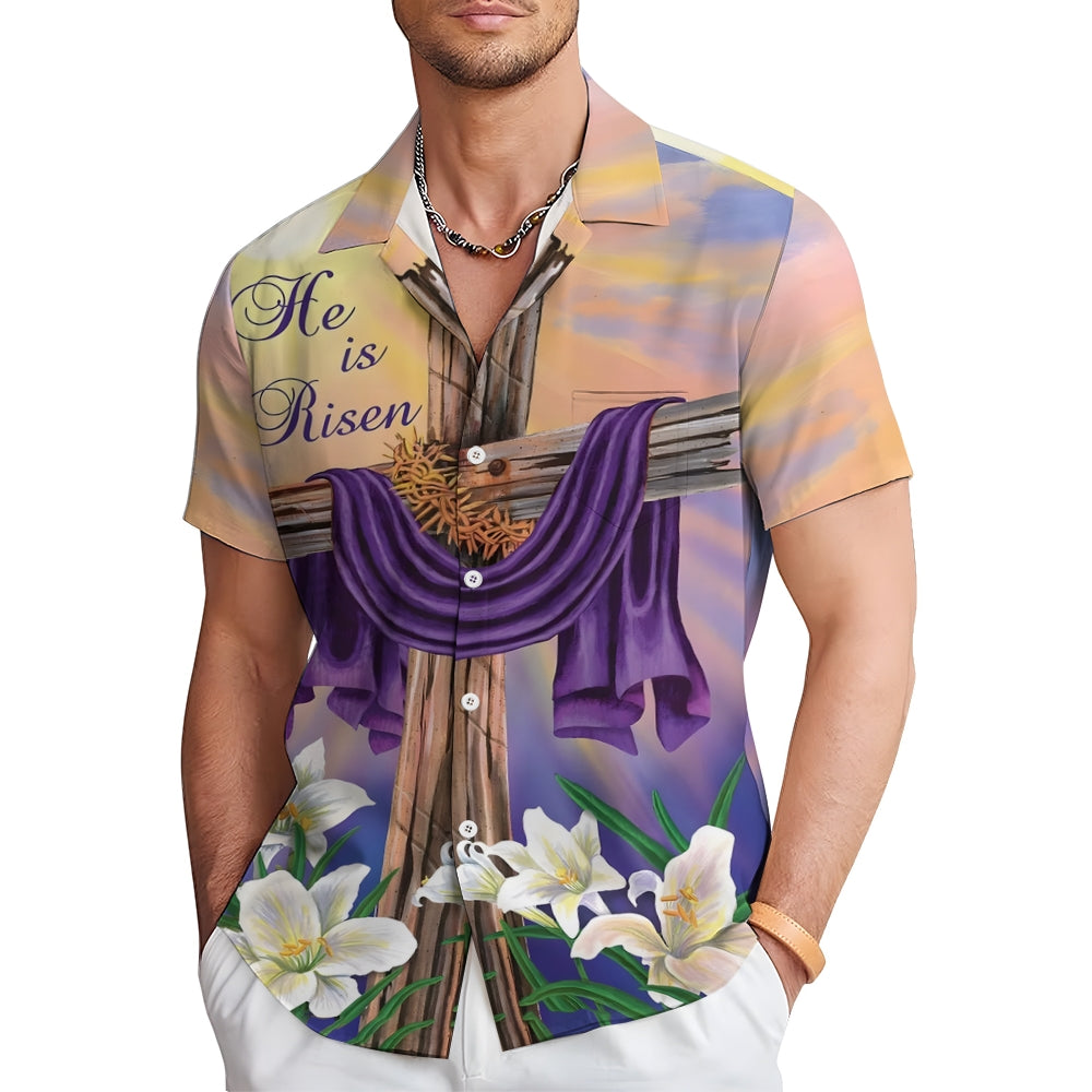 Easter Crucifix Print Casual Short Sleeve Shirt 2409011895