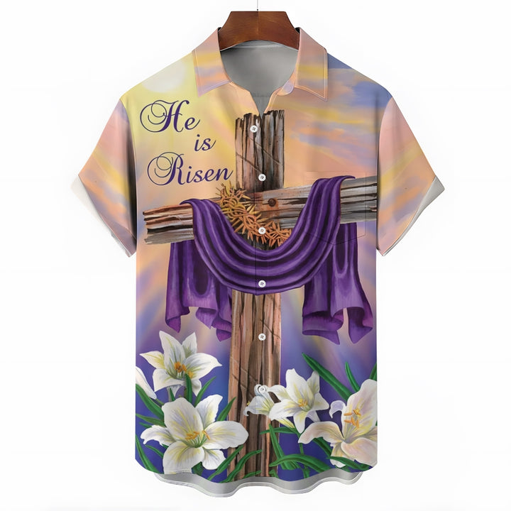 Easter Crucifix Print Casual Short Sleeve Shirt 2409011895