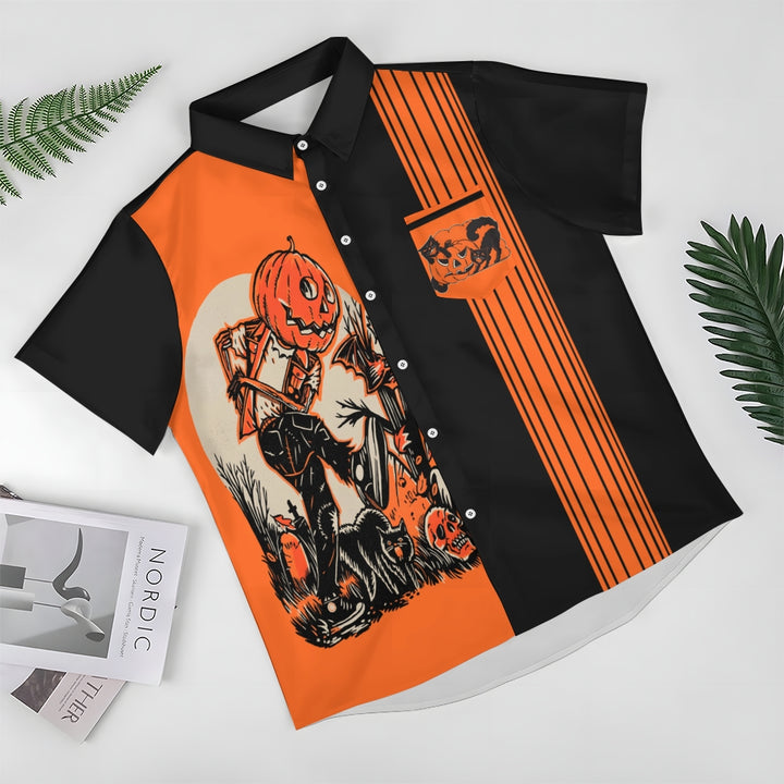 Halloween Cute Black Cat Striped Short Sleeve Shirt 2409011900