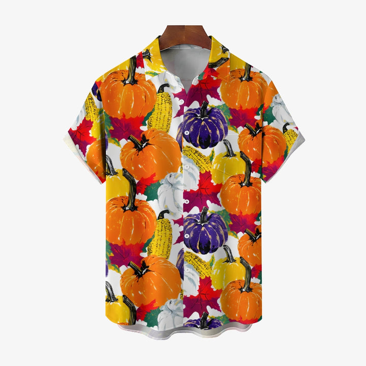 Thanksgiving Pumpkin Maple Leaf Casual Short Sleeve Shirt 2410000432