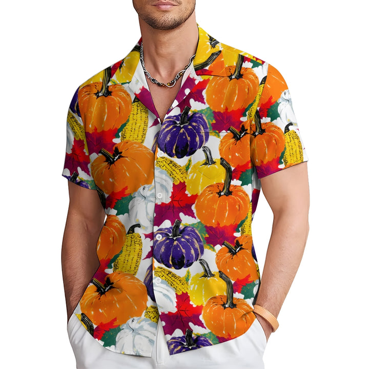 Thanksgiving Pumpkin Maple Leaf Casual Short Sleeve Shirt 2410000432