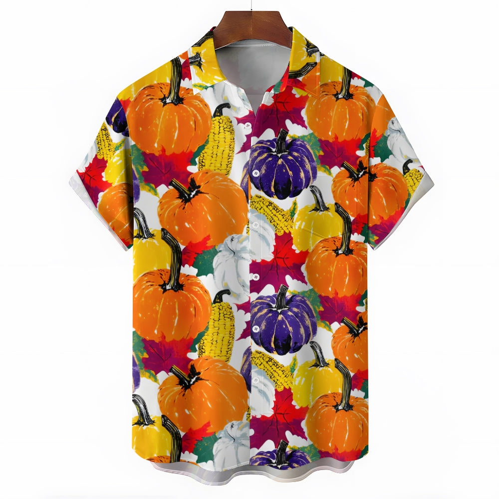 Thanksgiving Pumpkin Maple Leaf Casual Short Sleeve Shirt 2410000432