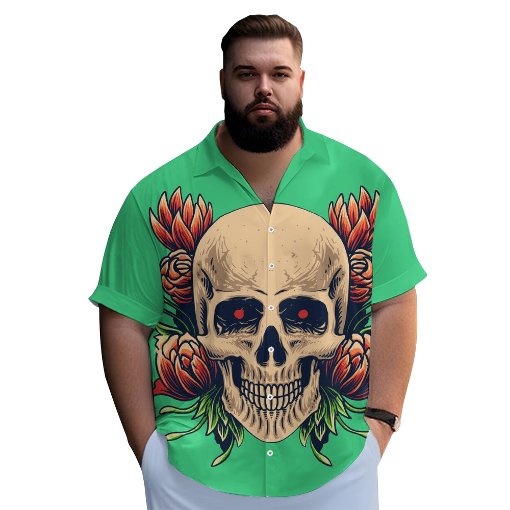 Men Fashion 3D Print Skull Lapel Short Sleeve Shirt