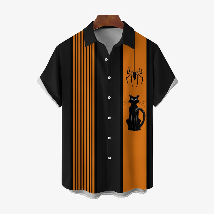 Men's Halloween Spider Cat Retro Bowling Stripe 3D Digital Print Shirt 2410000877