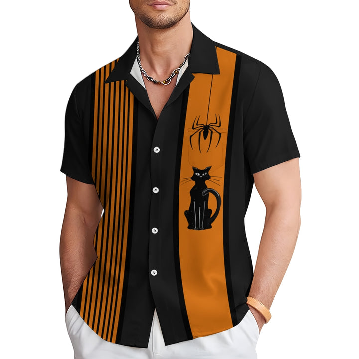 Men's Halloween Spider Cat Retro Bowling Stripe 3D Digital Print Shirt 2410000877