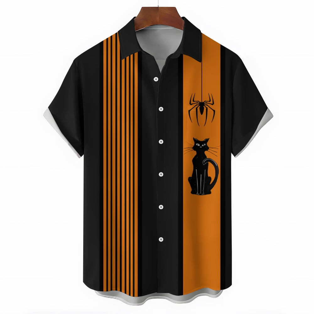 Men's Halloween Spider Cat Retro Bowling Stripe 3D Digital Print Shirt 2410000877