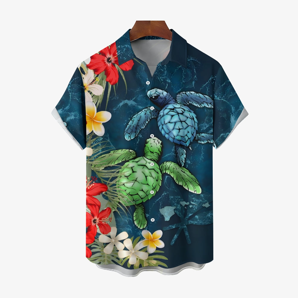 Men's Turtles Print Casual Lapel Button Up Shirt 2410000883