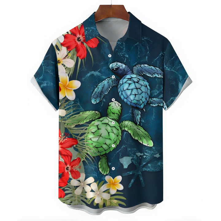 Men's Turtles Print Casual Lapel Button Up Shirt 2410000883