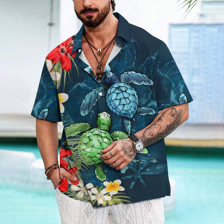 Men's Turtles Print Casual Lapel Button Up Shirt 2410000883